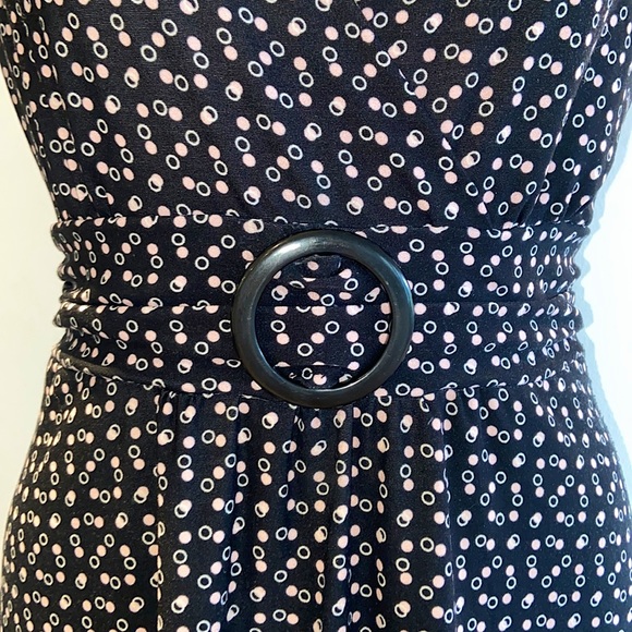 Classy Black & Pale Pink Dotted Puff Sleeve Belted Mid-length Dress - Picture 6 of 9